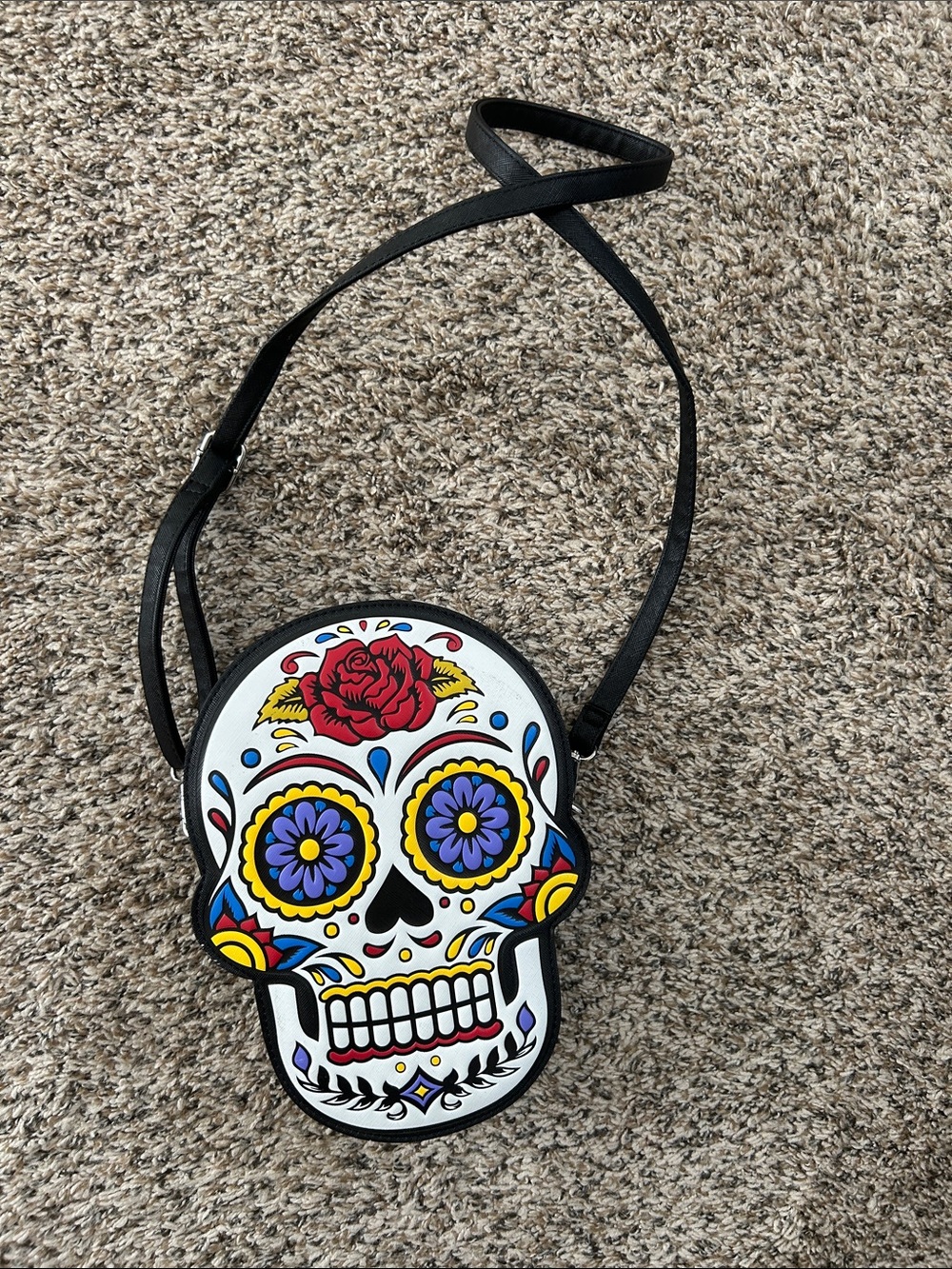 Day of the Dead Sugar Skull Crossbody Bag – White with Multicolor Floral Design